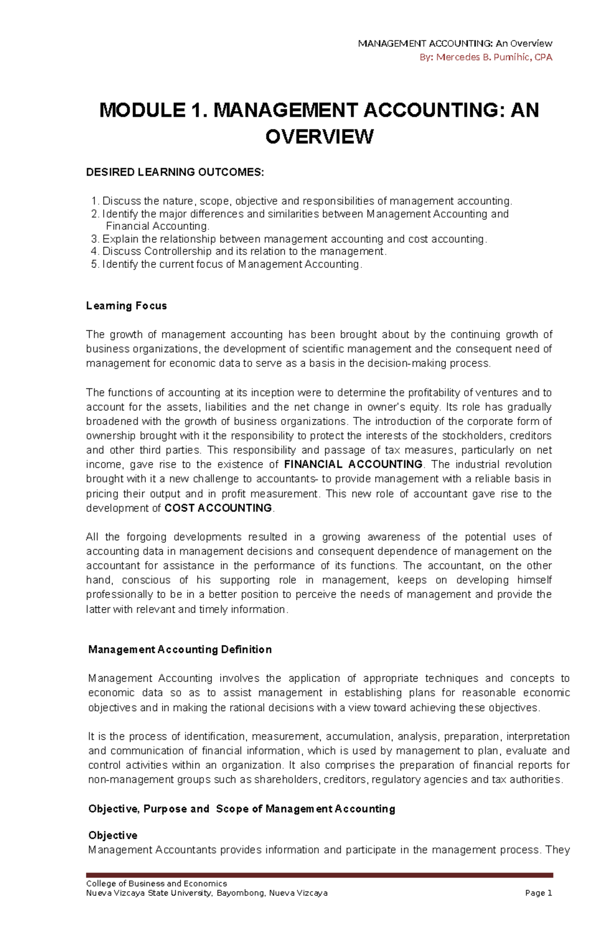 MANAGEMENT ACCOUNTING MODULE 1: Overview and Key Learning Outcomes ...