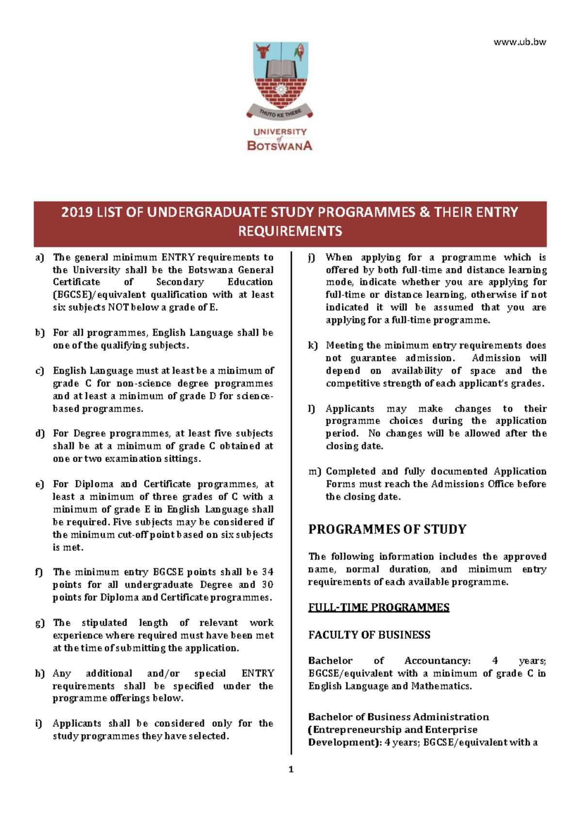 List of Undergraduate Programmes & Entry Requirements (Aug 2019) - Studocu