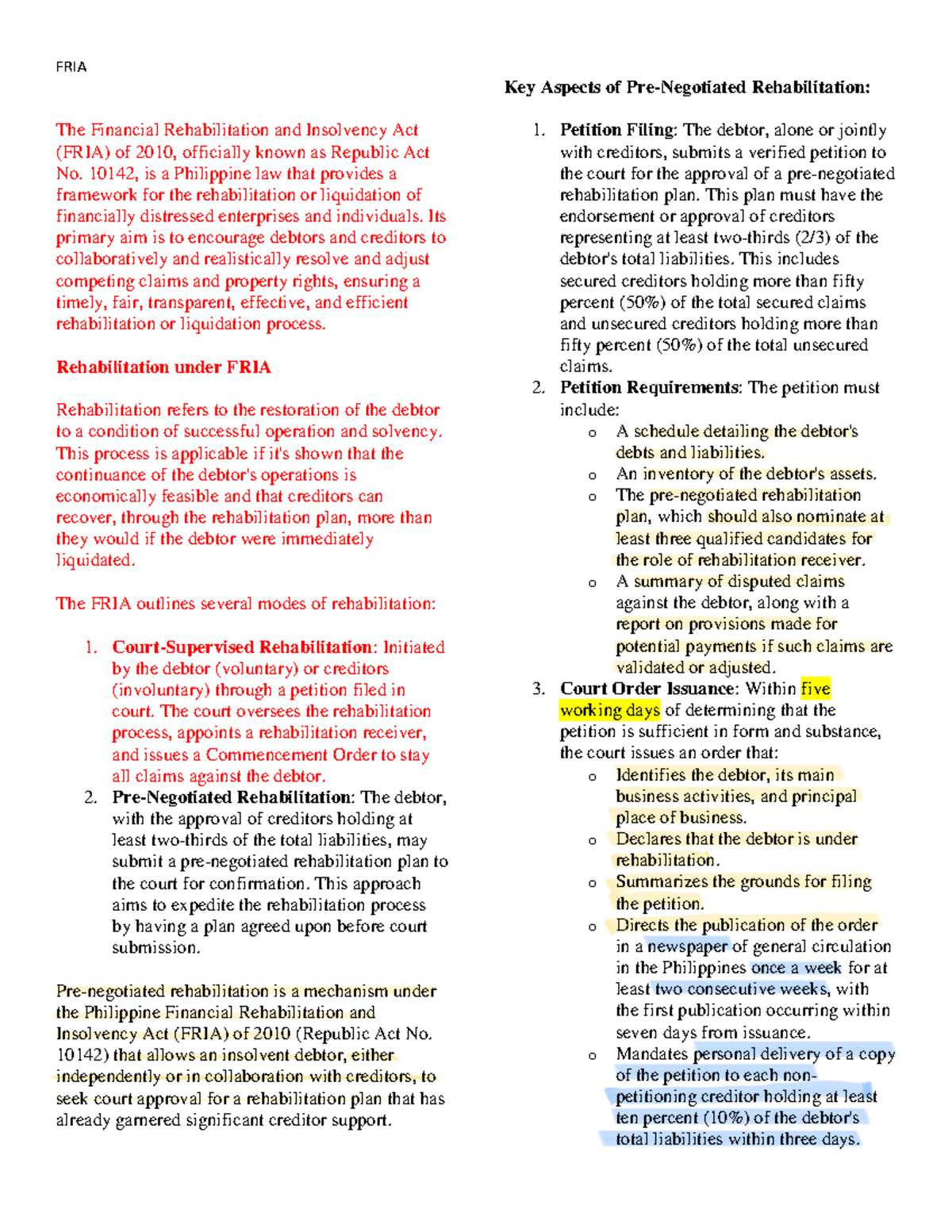 FRIA 2010: Overview of Financial Rehabilitation Mechanisms - Studocu