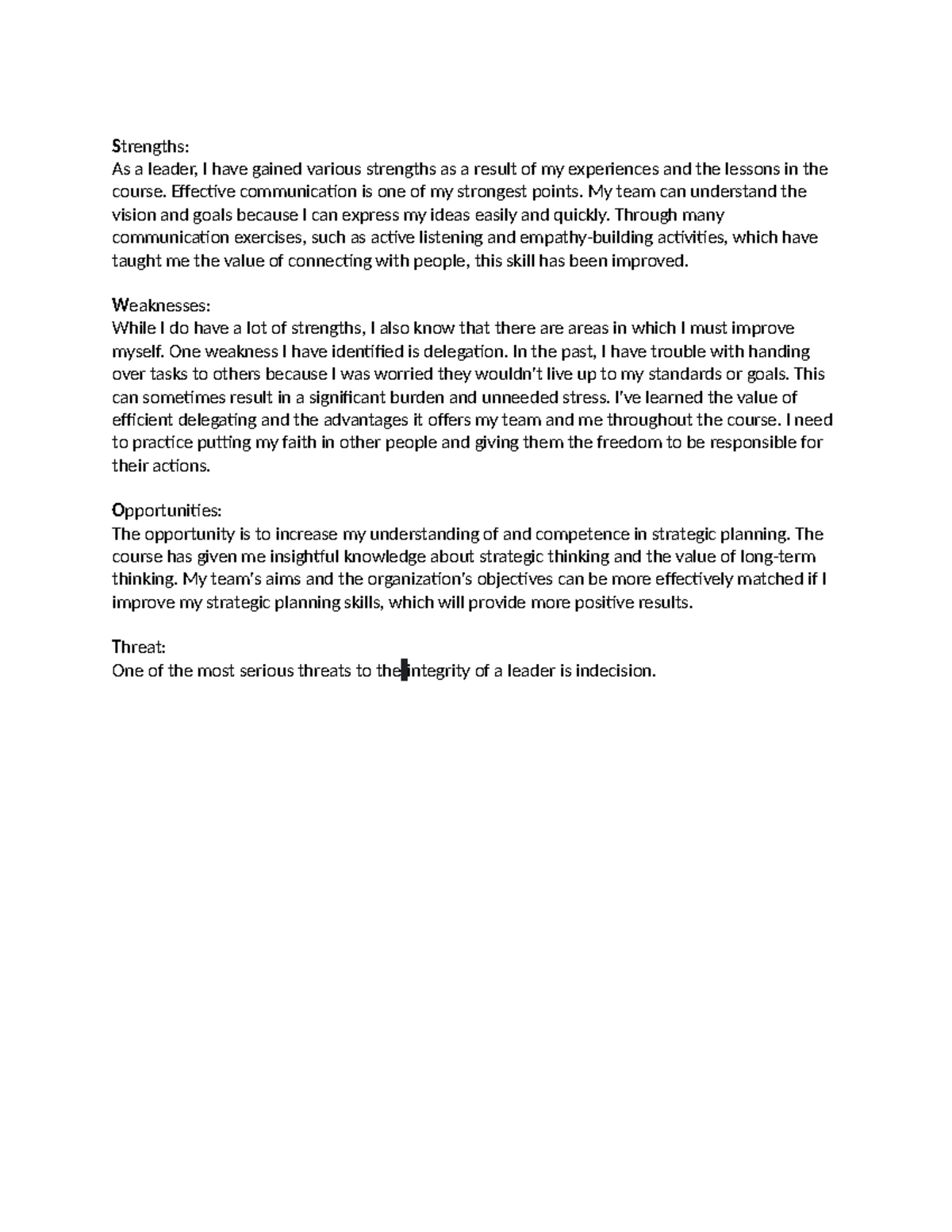SWOT Analysis as a leader - Strengths: As a leader, I have gained ...