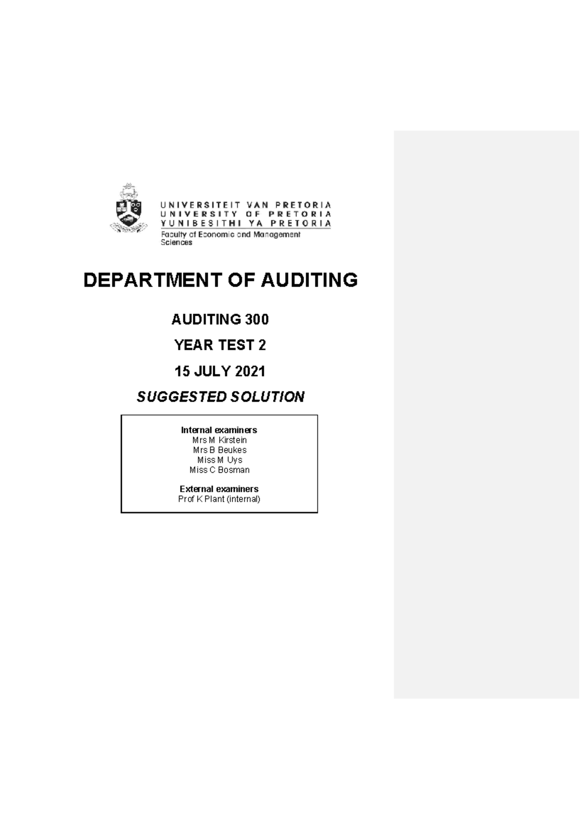 Auditing 300 YT2 2021 Suggested Solutions with Markers' Comments - Studocu