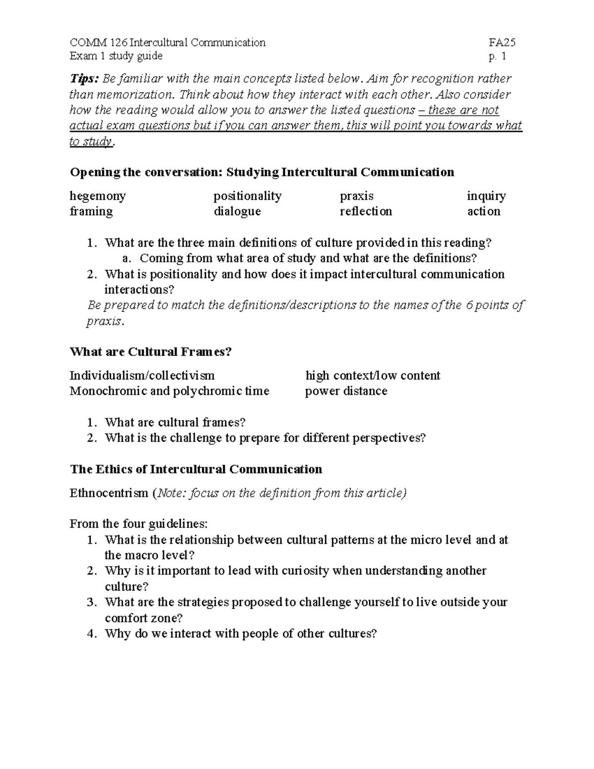 COMM 126 Exam 1 Study Guide: Key Concepts in Intercultural ...
