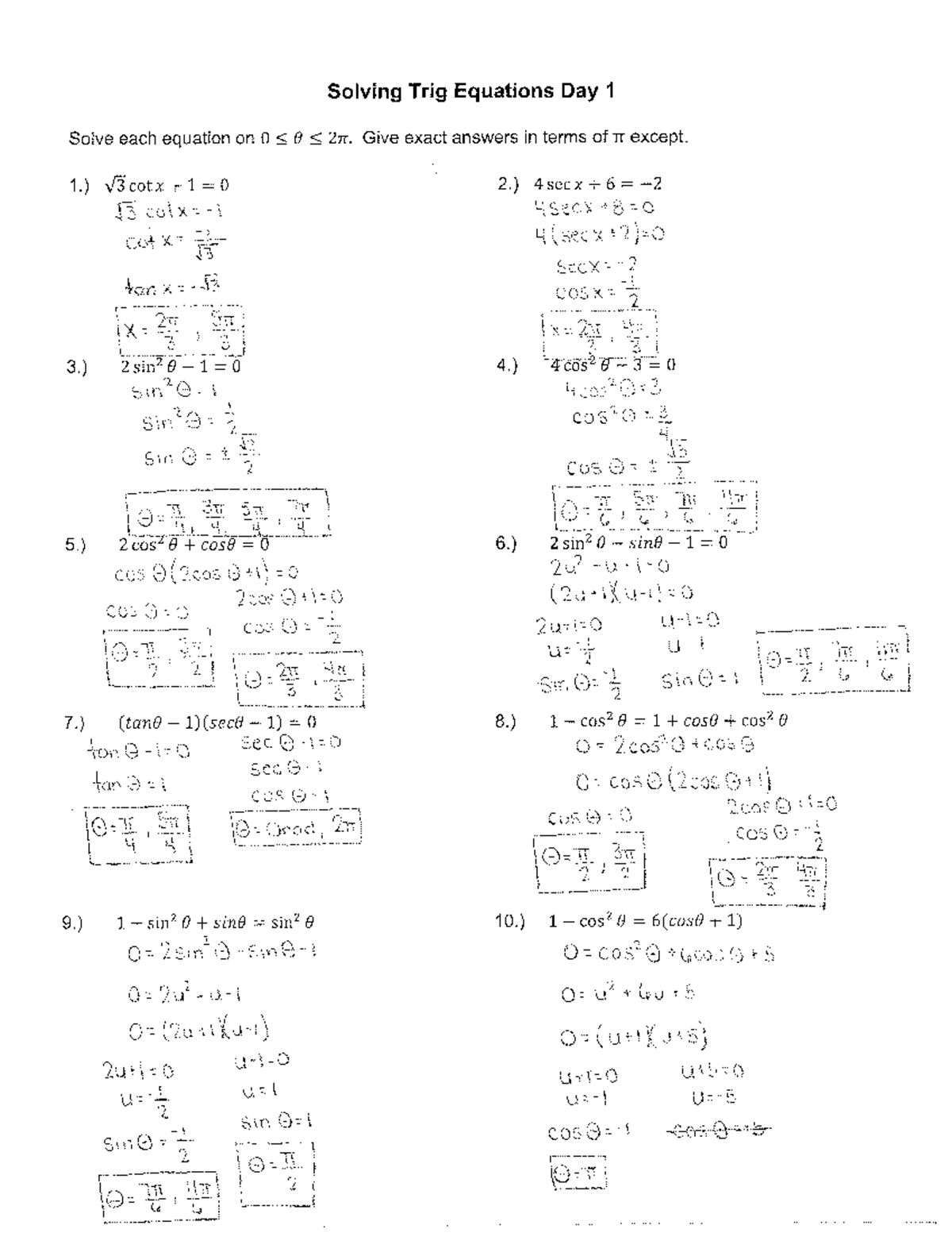 Solving Trig Equations Homework Solutions (Day 1) - Solving Trig ...