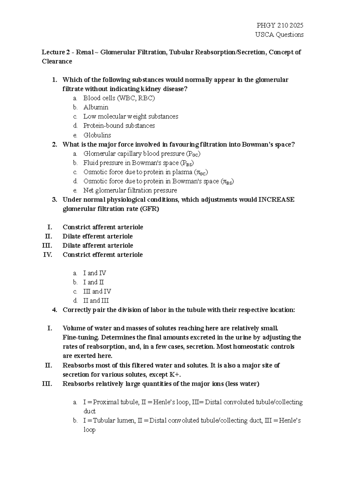 PHGY 210 USCA Lecture 2 Renal: Glomerular Filtration Questions - Studocu