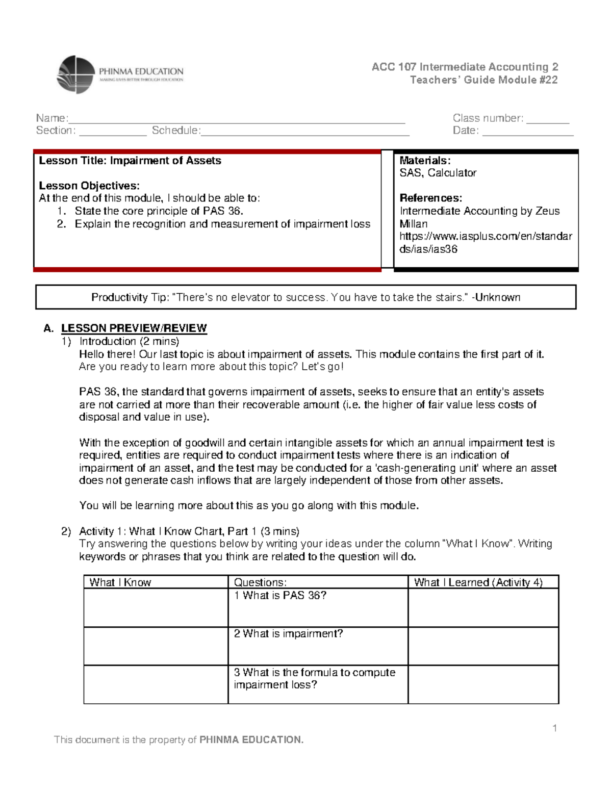 ACC 107 Intermediate Accounting 2: Impairment of Assets Lesson Guide ...