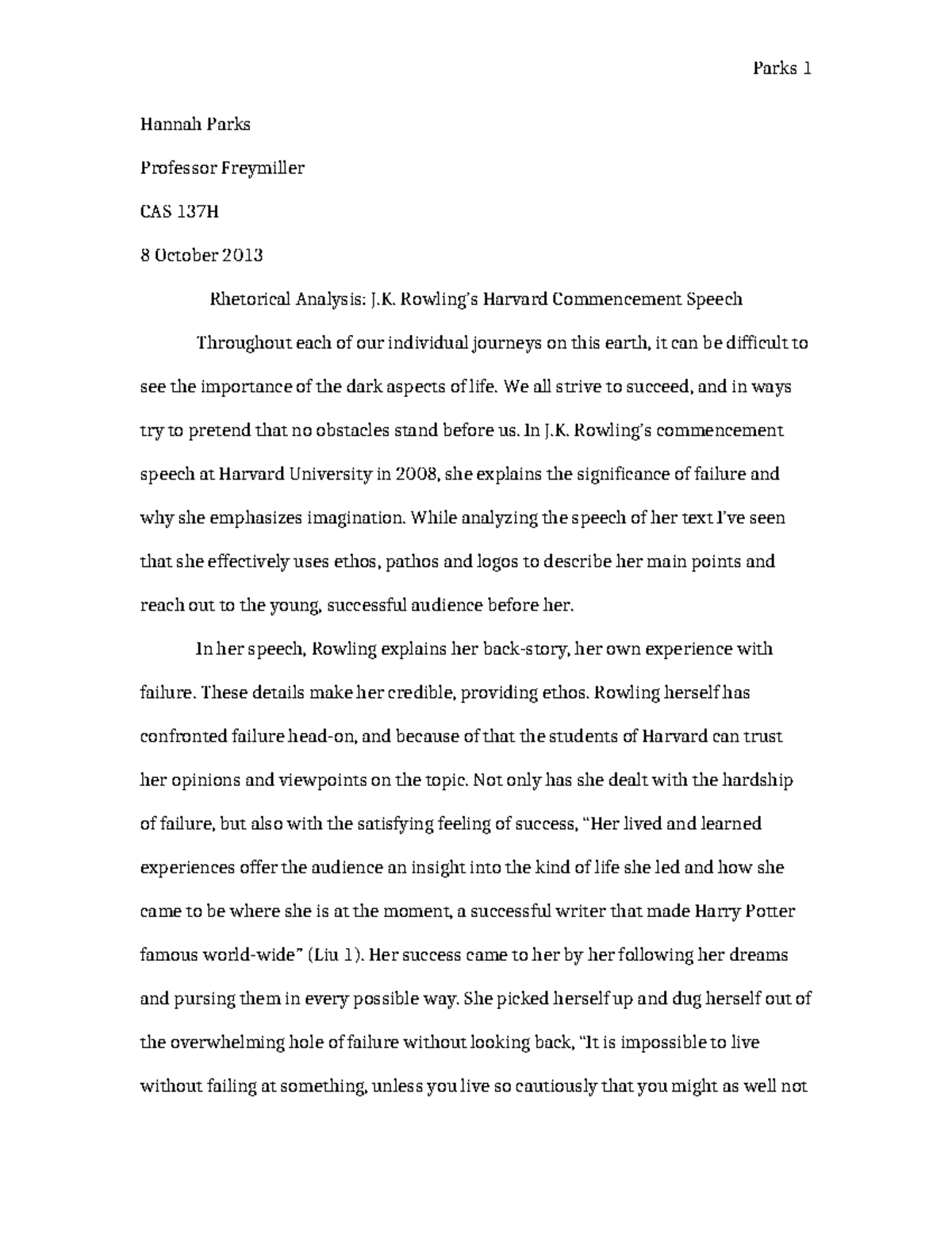 Rhetorical Analysis of J.K. Rowling's Harvard Commencement Speech - CAS ...