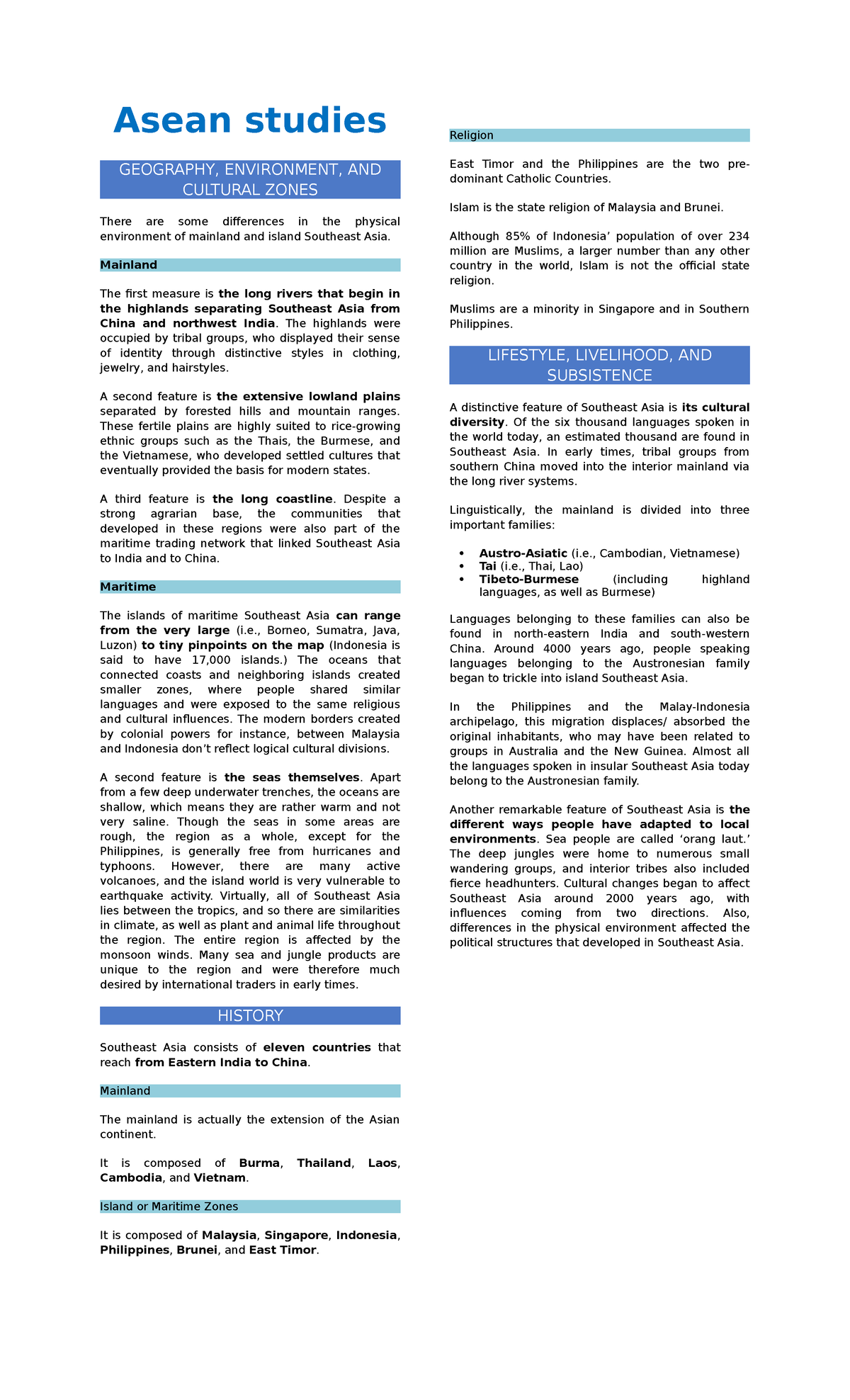 ASEAN Studies - Lecture Notes on Geography, Culture, and History - Studocu