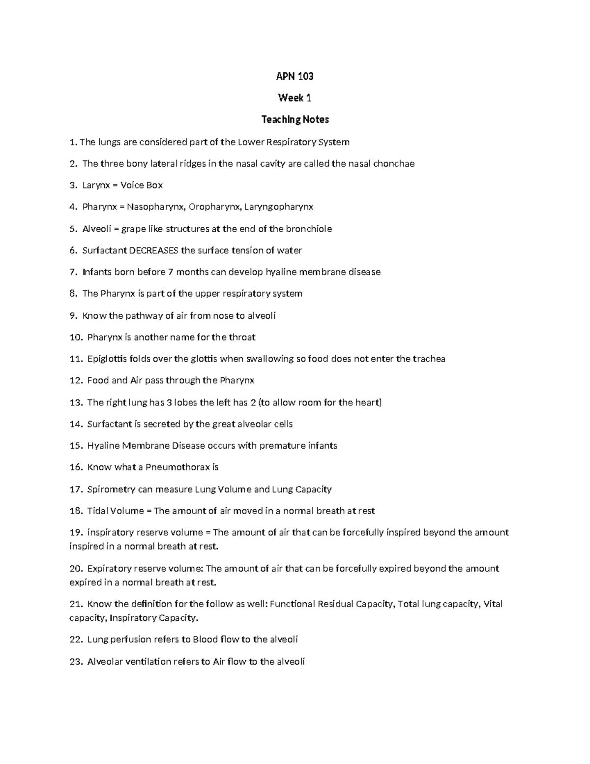 APN 103 Week 1 Lecture Notes on Respiratory System - Studocu