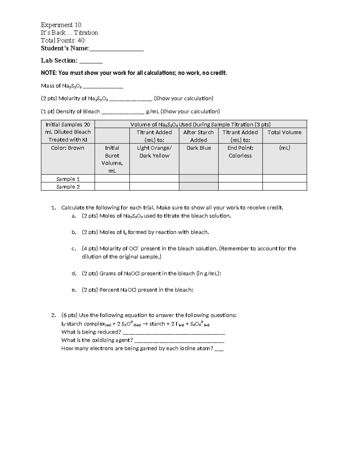CHEM 110 L - Experiment 10: Titration Calculation and Analysis - Studocu