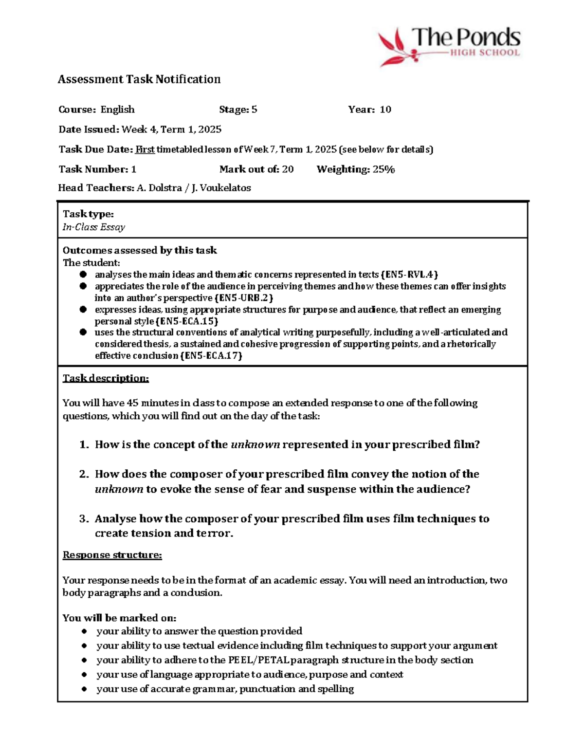 Year 10 English Assessment Task 1: Essay on Film Techniques 2025 - Studocu