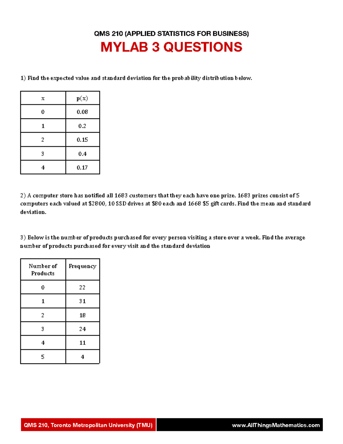 QMS 210 (APPLIED STATISTICS FOR BUSINESS) Mylab 3 Questions - Studocu