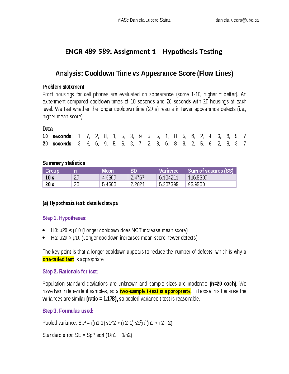 MASc ENGR Assignment 1: Hypothesis Testing on Cooldown Time vs ...