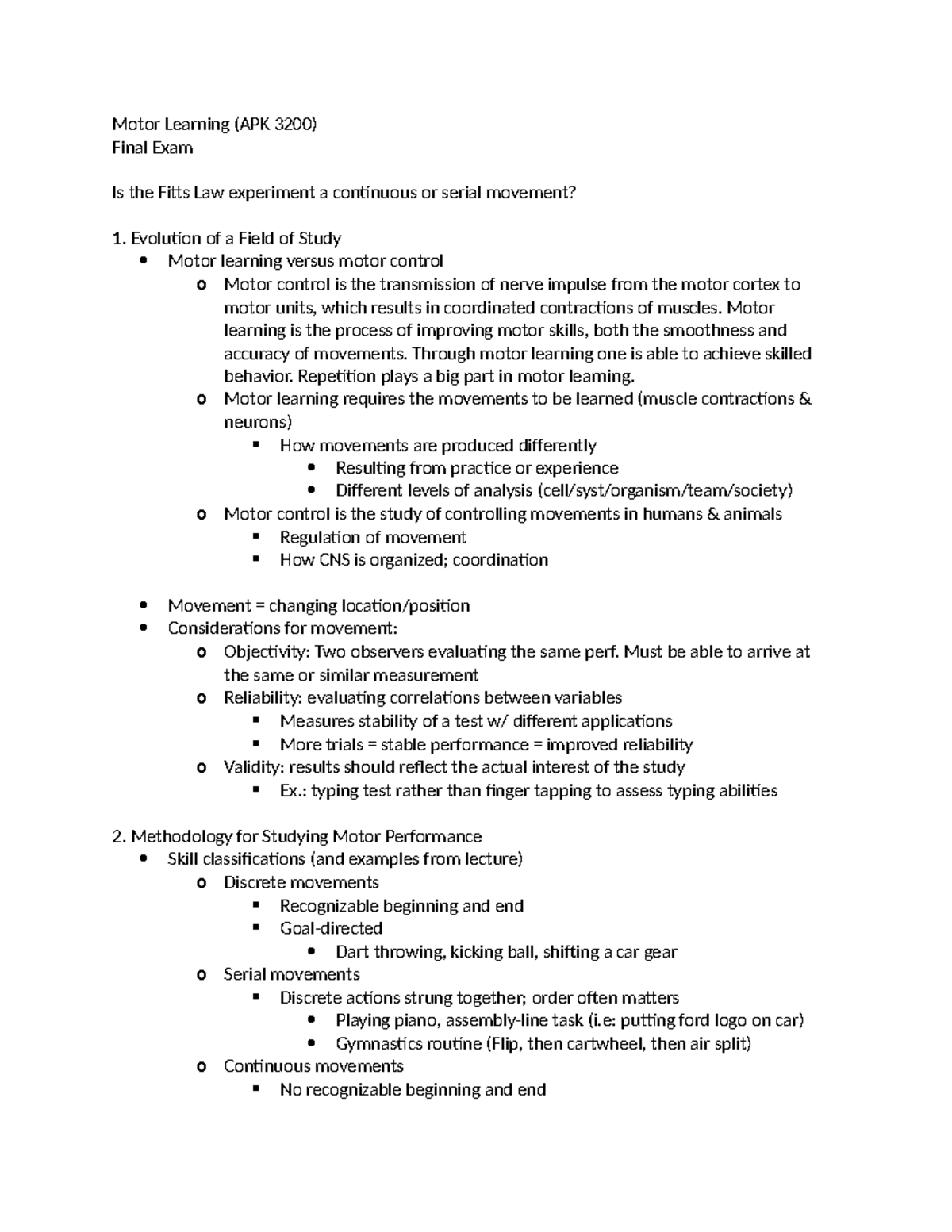 Motor Learning (APK 3200) Final Exam Study Guide - Studocu