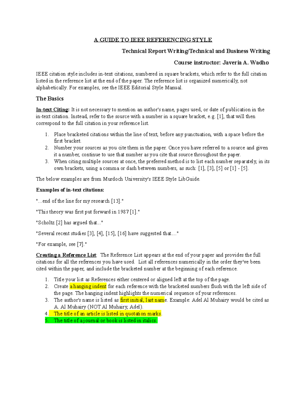 IEEE Referencing Style Guide for Technical Report Writing - Studocu