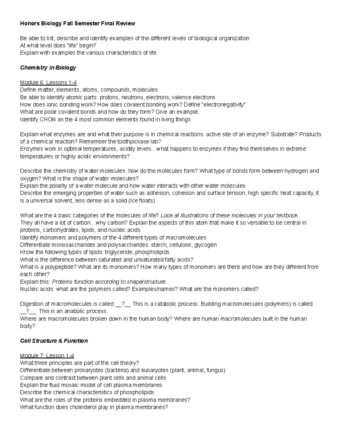 Honors Biology Fall 2023 Final Exam Study Guide - Energy & Cell ...