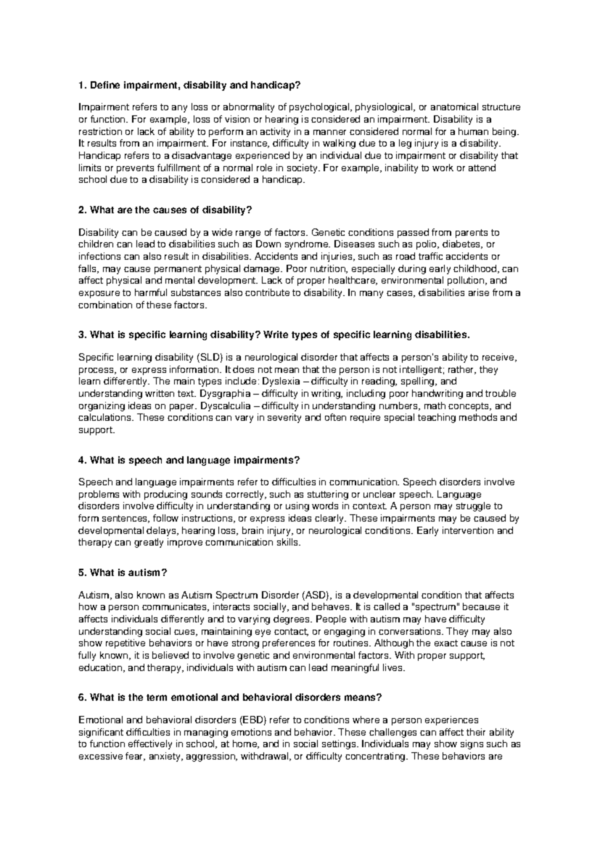 Assignment Answers on Impairment, Disability, and Related Disorders ...