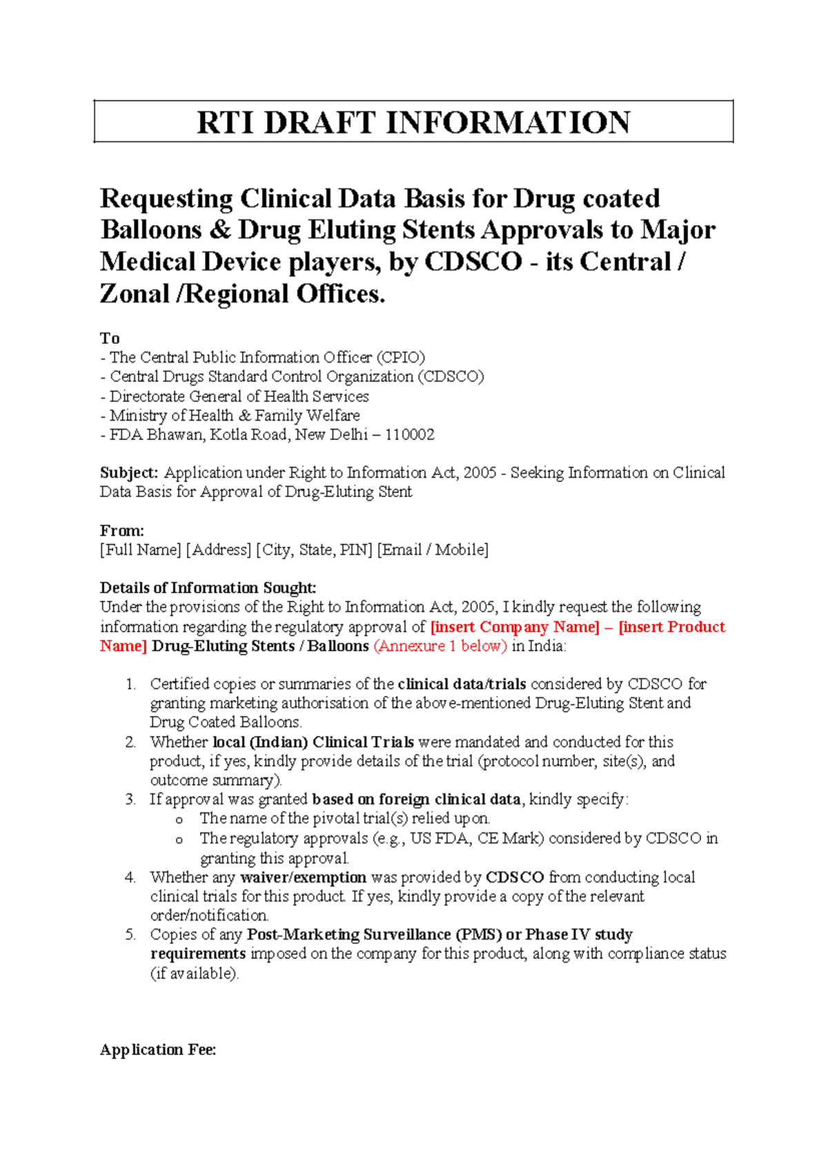 RTI Draft: Clinical Data Request for DCB & DES Approvals in India - Studocu
