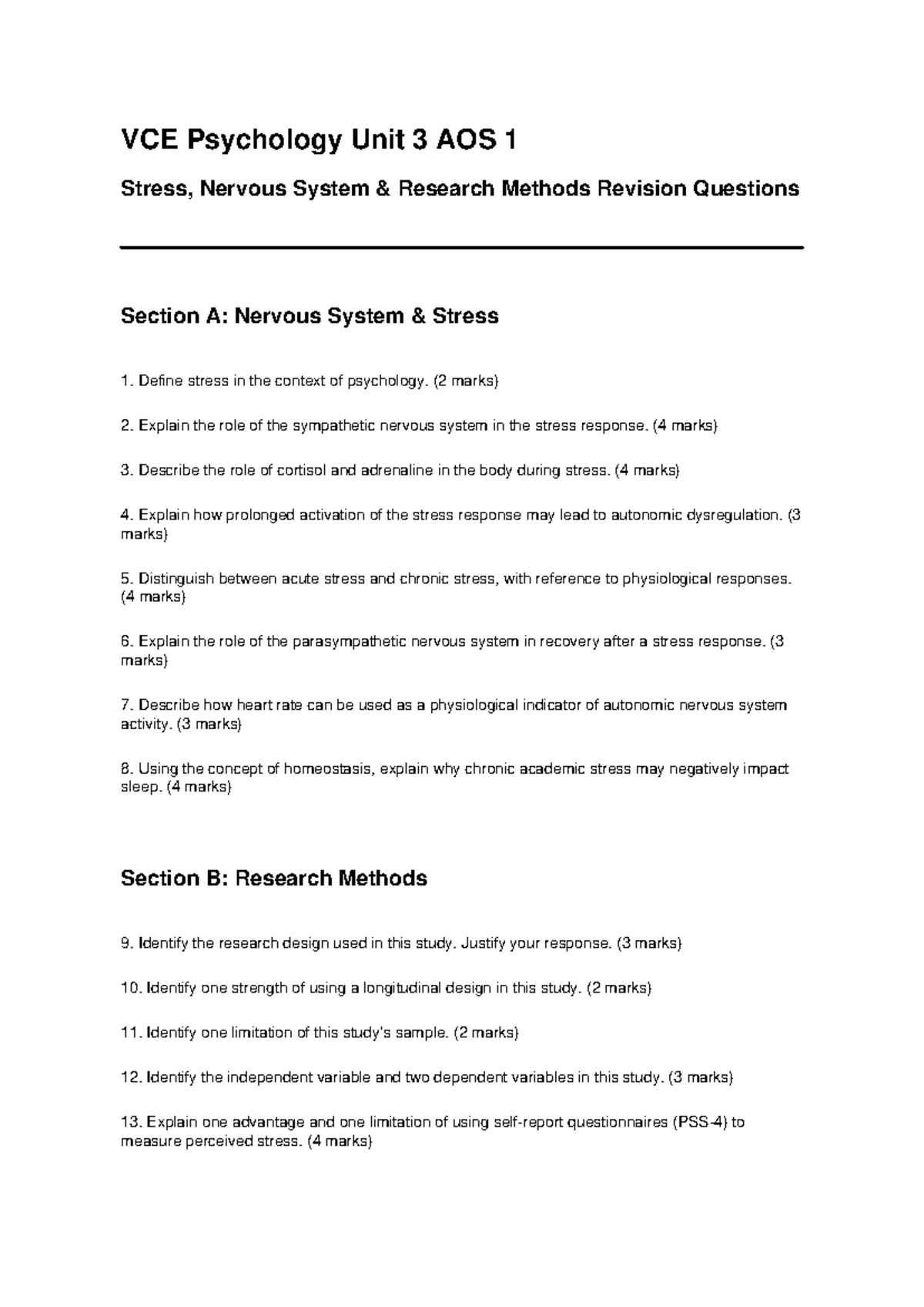 VCE Psych Unit 3 AOS 1: Stress & Nervous System Revision Guide - Studocu