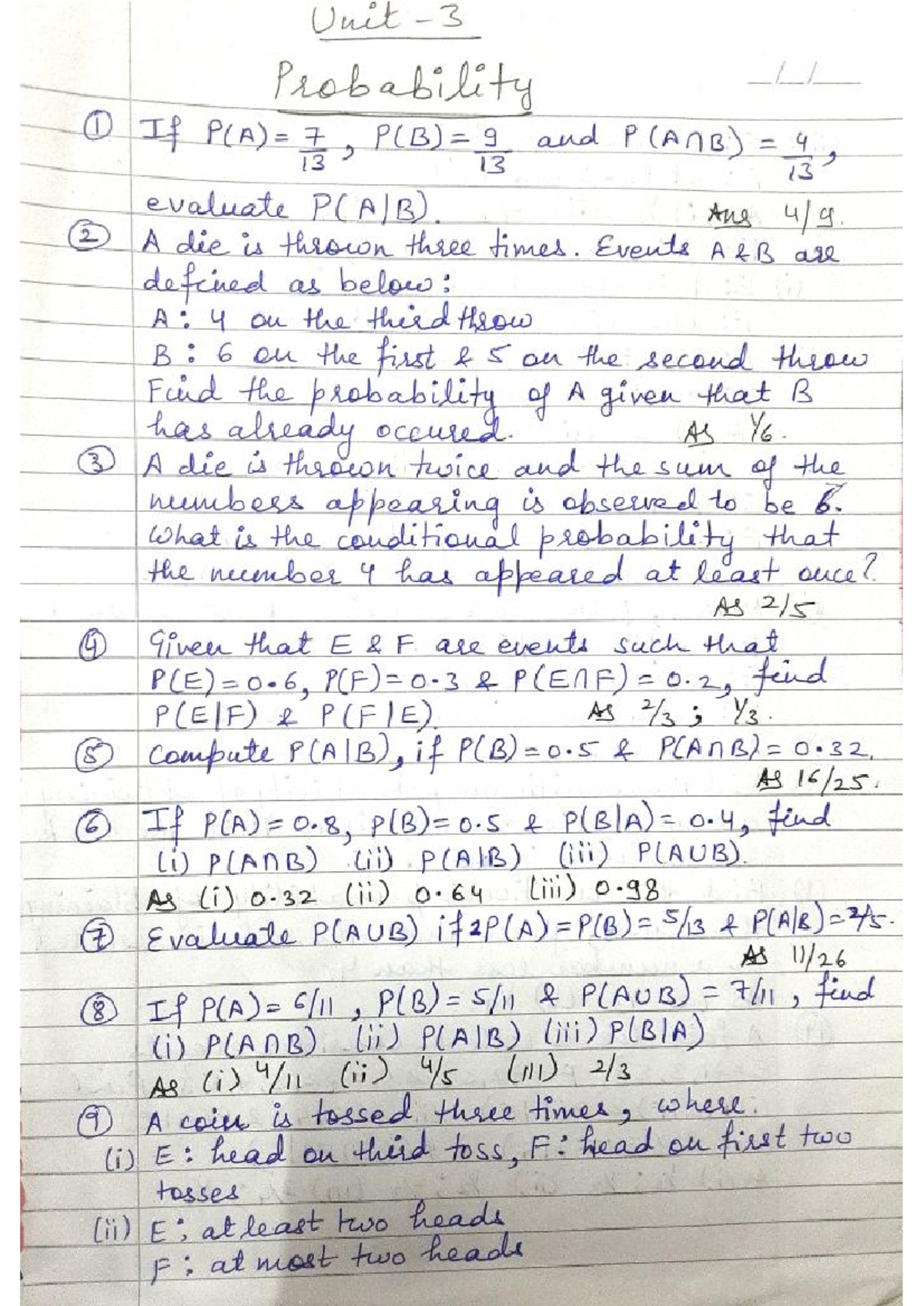 Unit 3 Probability I: Conditional Probability and Events Analysis - Studocu