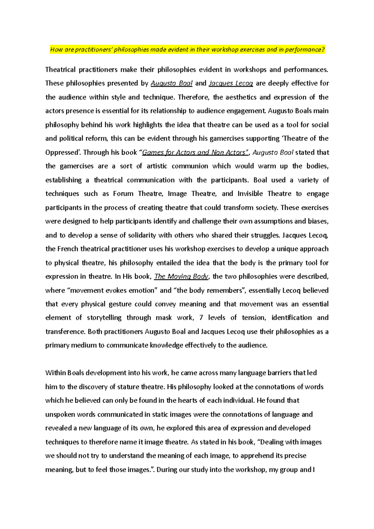 Drama Essay: Philosophies of Boal and Lecoq in Workshop Exercises - Studocu