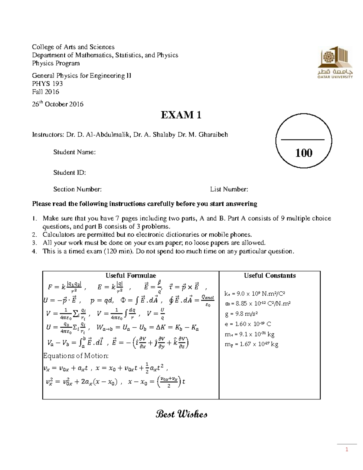 Exam1-Fall2016 V1 - experimental practice materials for physics 2 ...