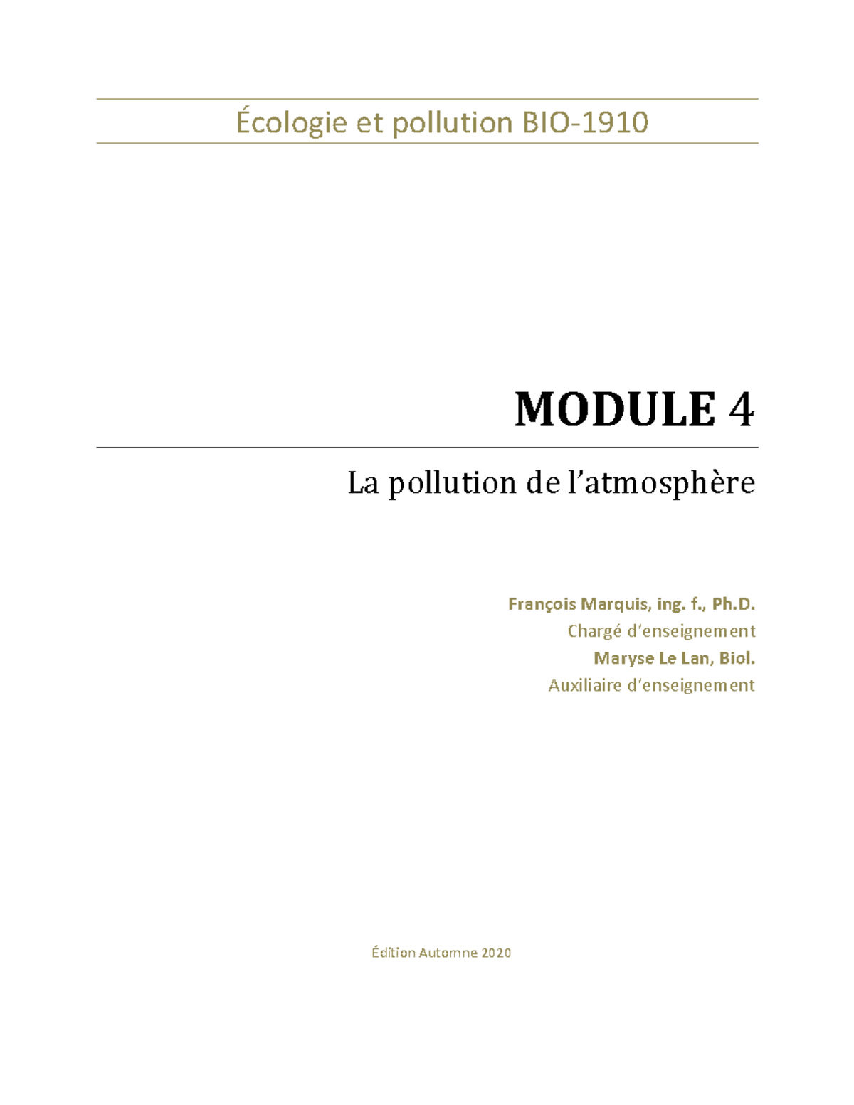 Module 4 : La pollution de l'air - Écologie et pollution - Studocu