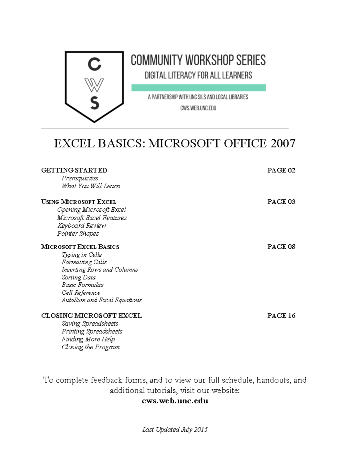 Excel-Basics-2007 - note - Last Updated July 2015 EXCEL BASICS ...