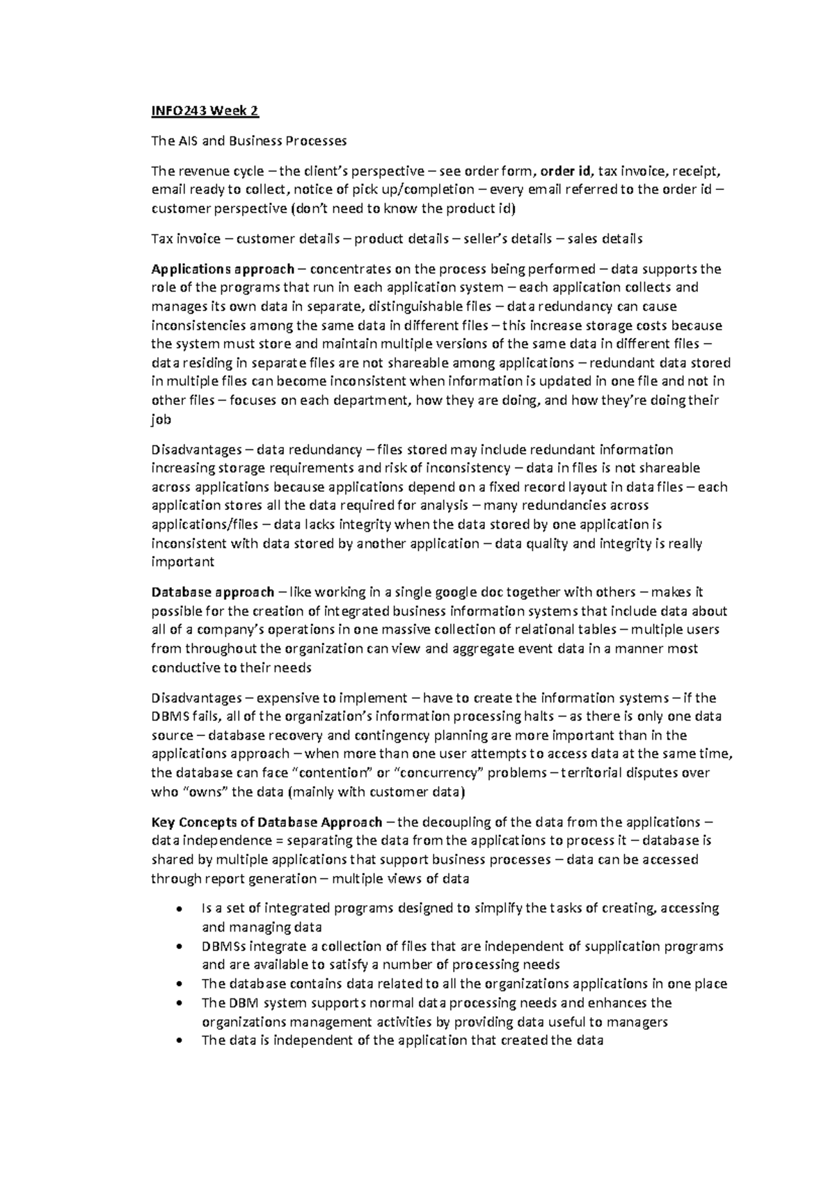 INFO243 Week 2 Lecture Notes on AIS and Database Concepts - Studocu