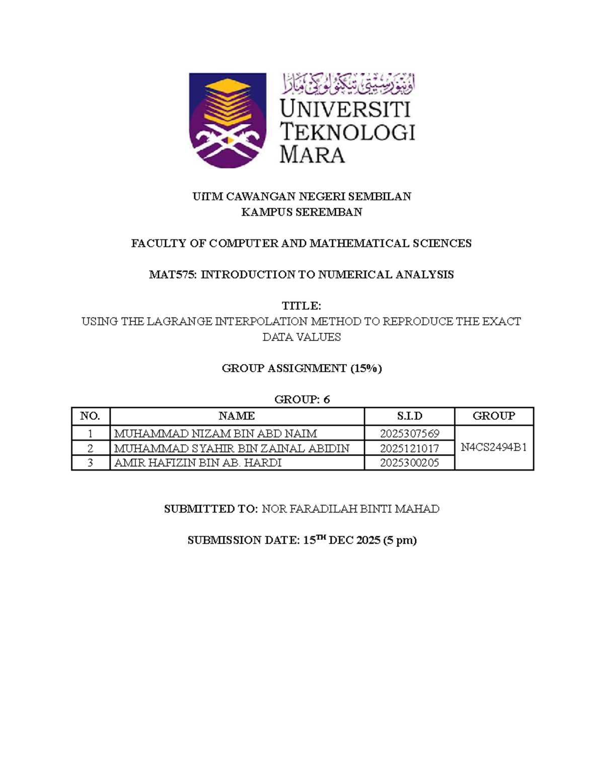 MAT575: Group Project on Lagrange Interpolation Method Analysis - Studocu