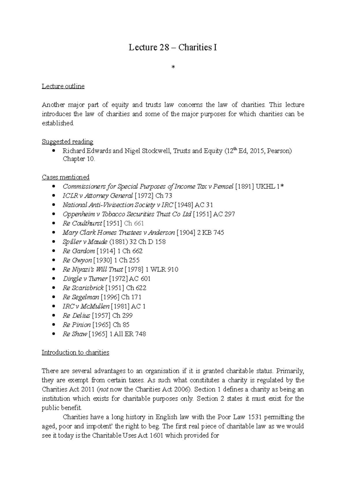 Lecture 28: Intro to Charities under Equity and Trusts Law