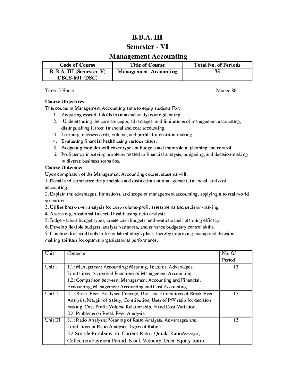 B.B.A. Semester VI Management Accounting Course Overview and Objectives ...