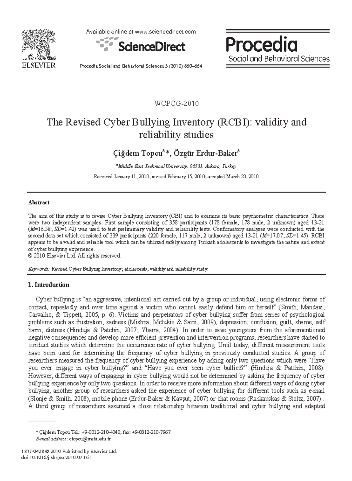 Revised Cyber Bullying Inventory (RCBI) Validity & Reliability Study ...