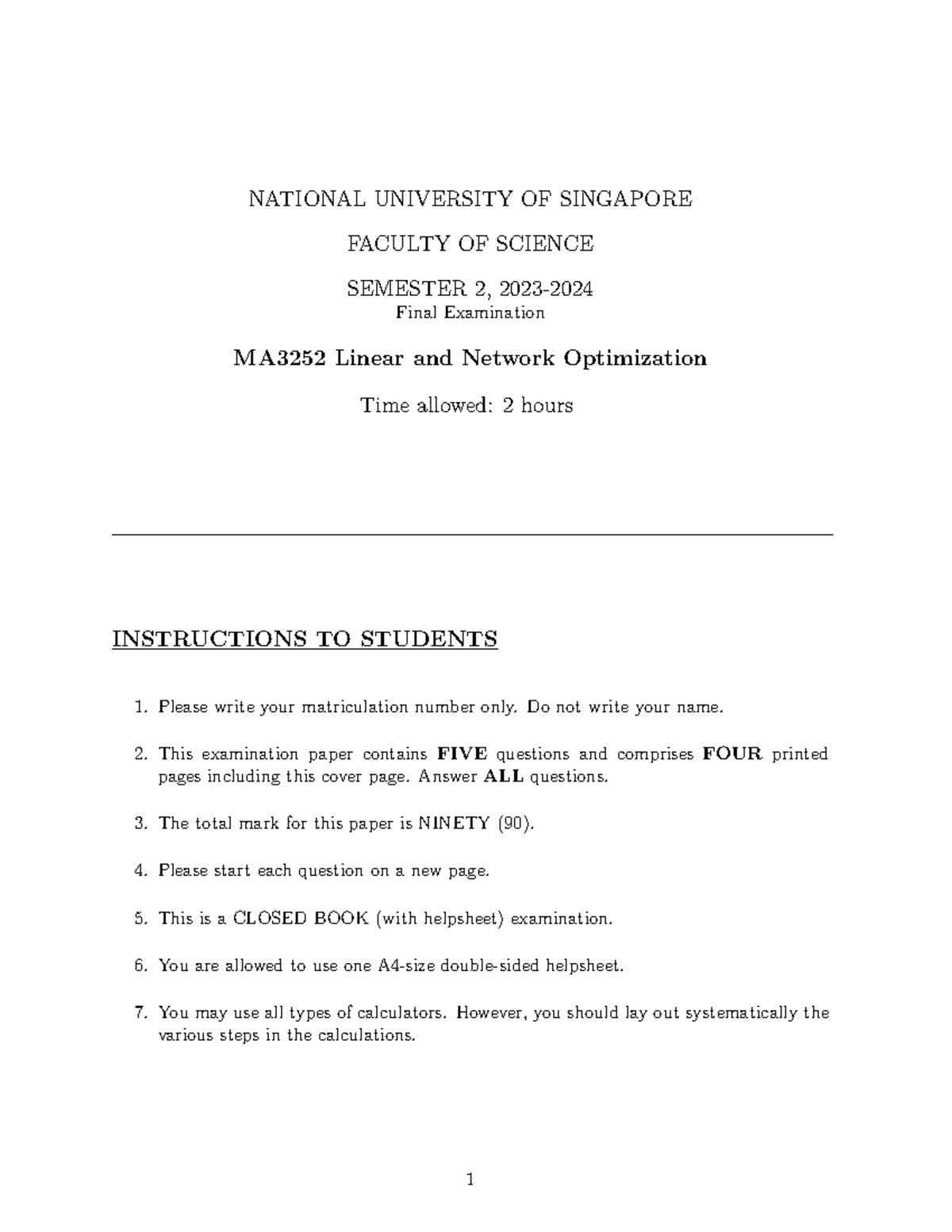 2324 Sem 2 - MA3252 Final Exam: Linear & Network Optimization - Studocu