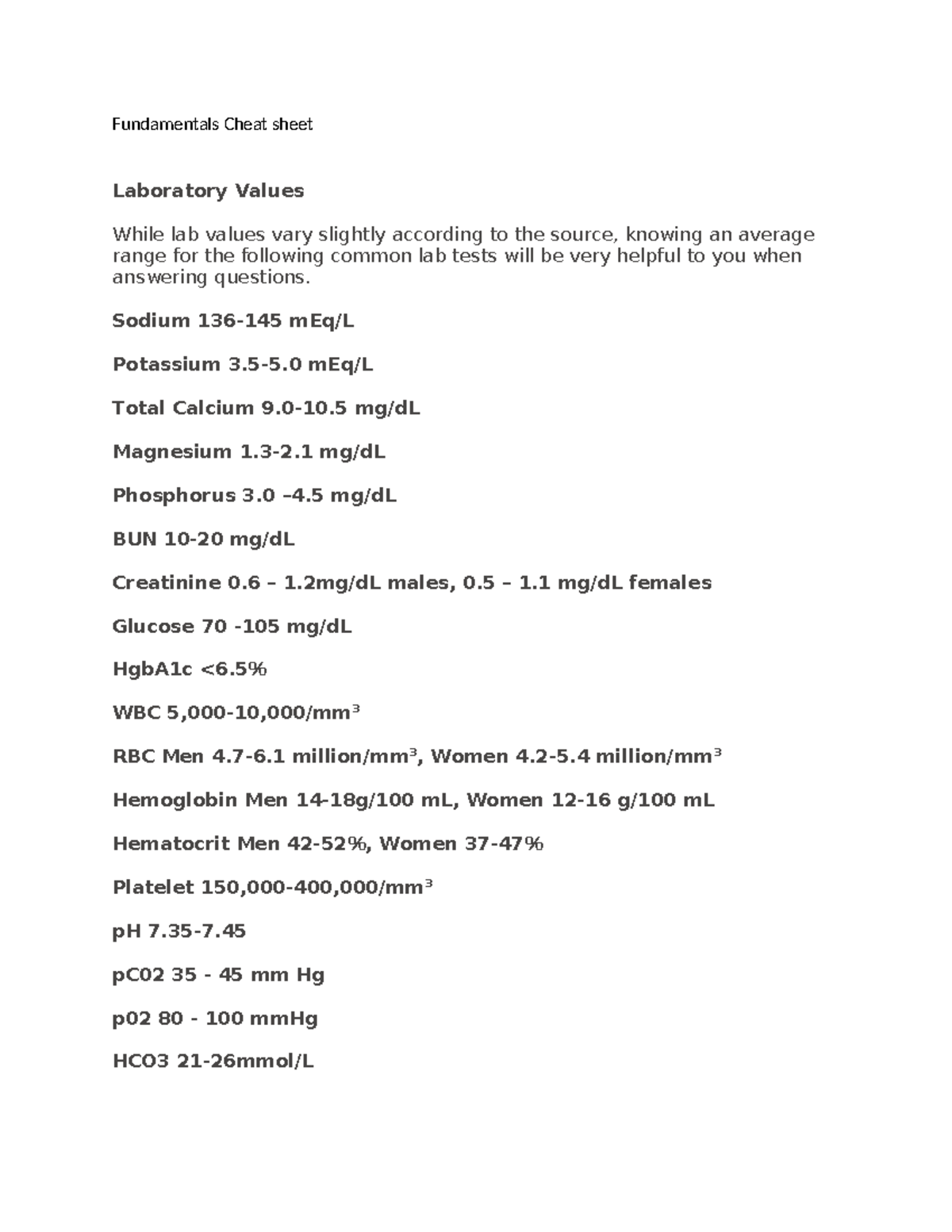Fundamentals Lab Values Cheat Sheet for Nursing (NUR 101) - Studocu