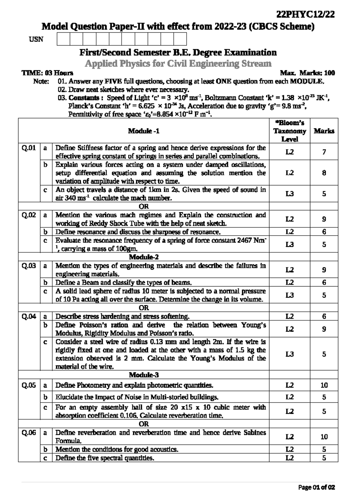 Model Question Paper (Mqp2) for B.E. Applied Physics Exam - Studocu