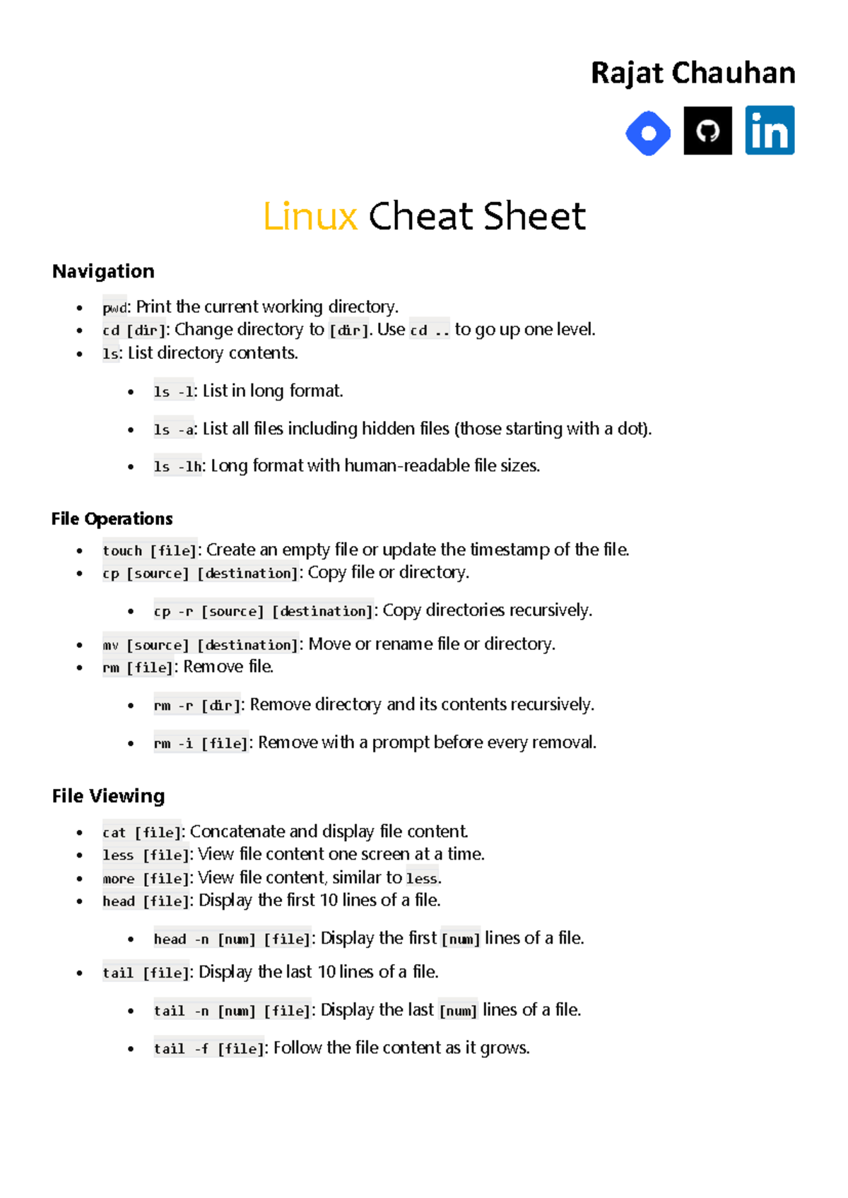 Linux Cheat Sheet: Essential Commands by Rajat Chauhan - Studocu