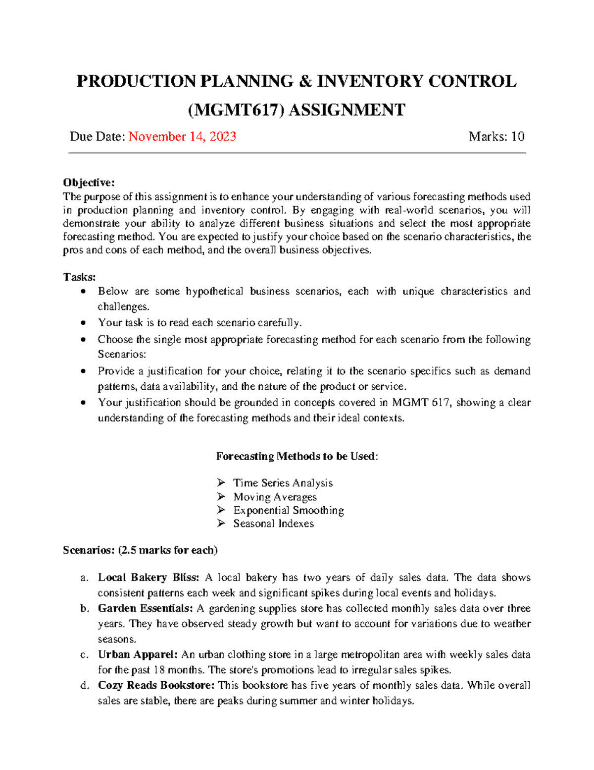 Fall 2023 MGMT617 1 - PRODUCTION PLANNING & INVENTORY CONTROL (MGMT617 ...