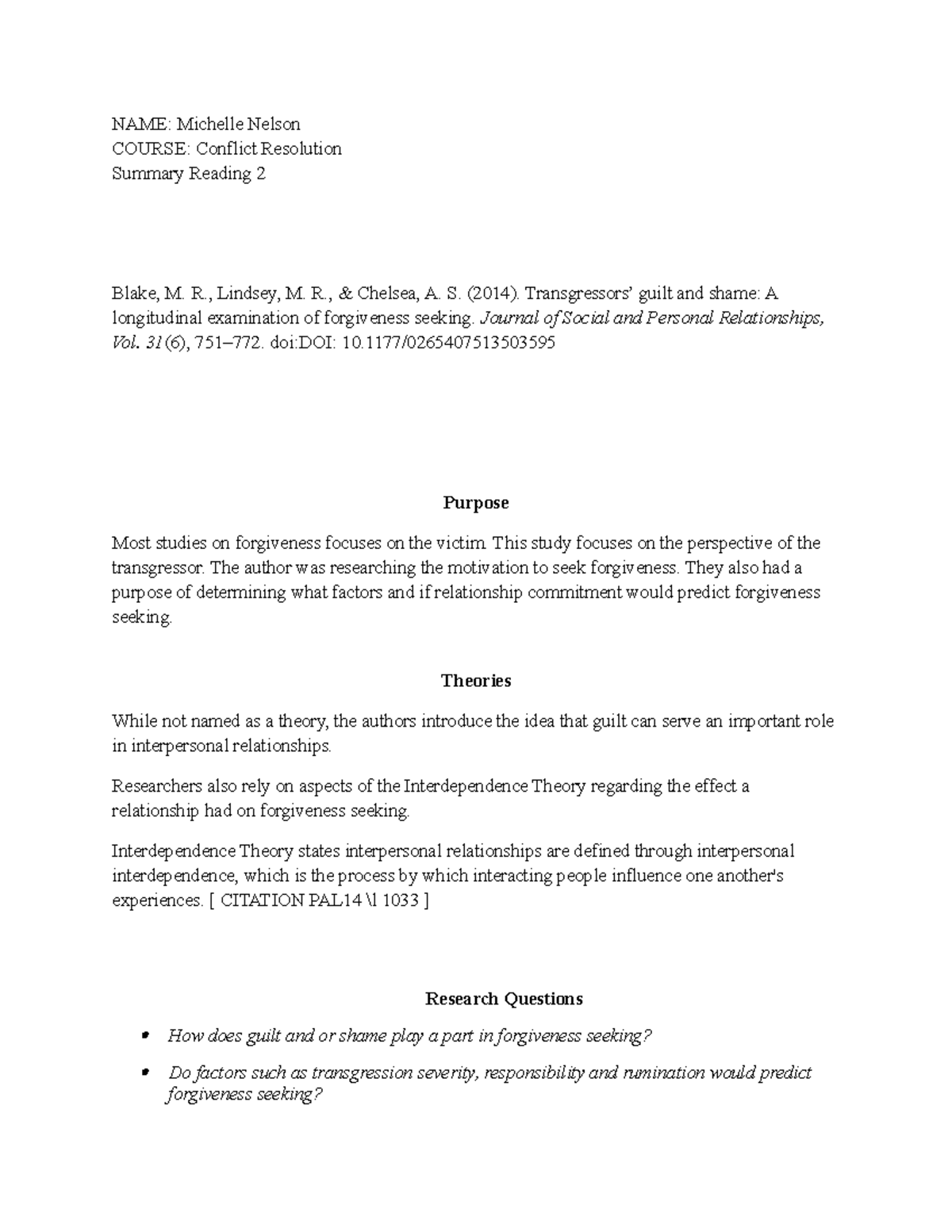 Research Summary Forgiveness - NAME: Michelle Nelson COURSE: Conflict ...