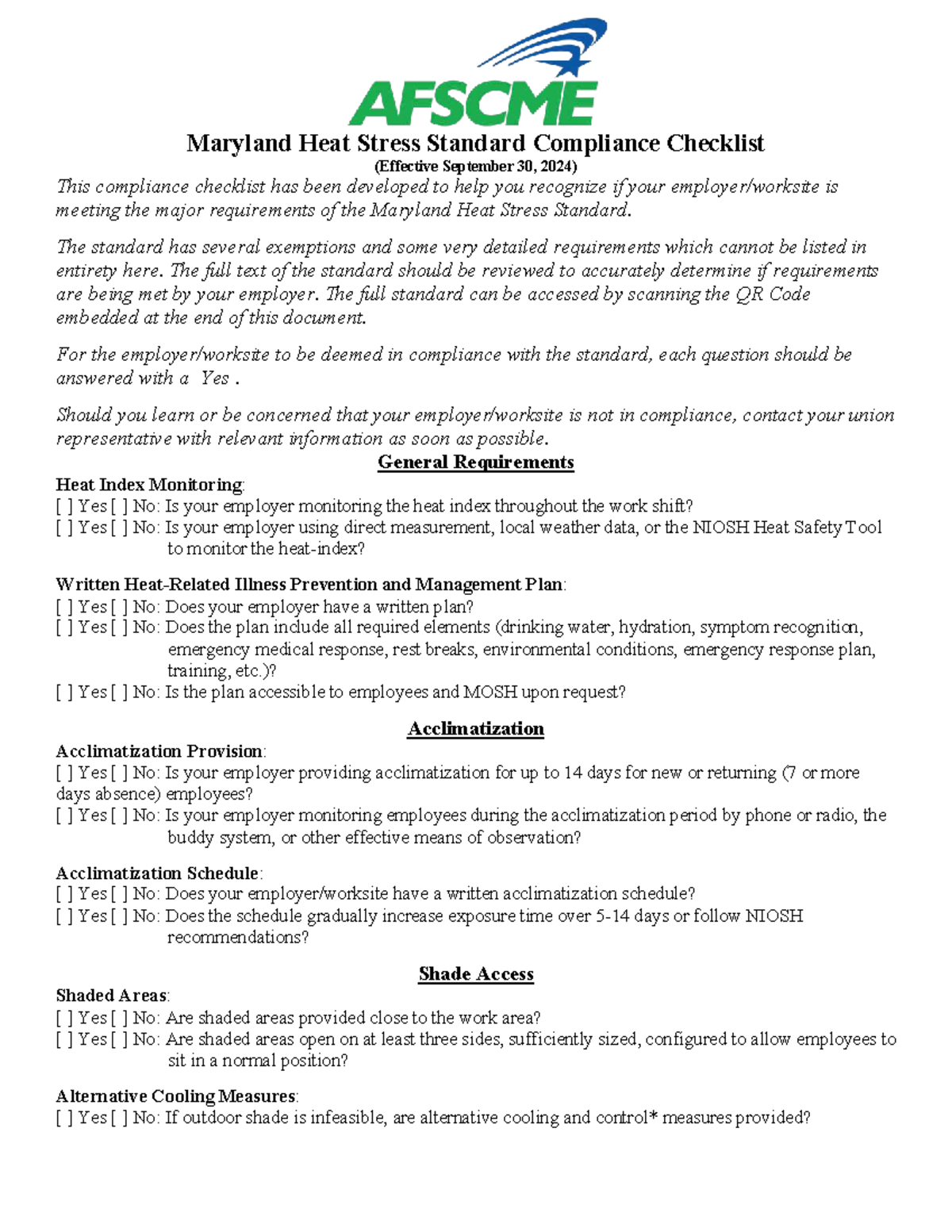 Maryland Heat Stress Standard Compliance Checklist (Effective 2024 ...