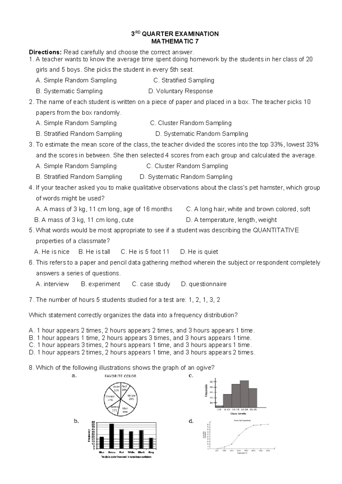 Mathematics 7 3rd Quarter Exam Review and Practice Questions - Studocu
