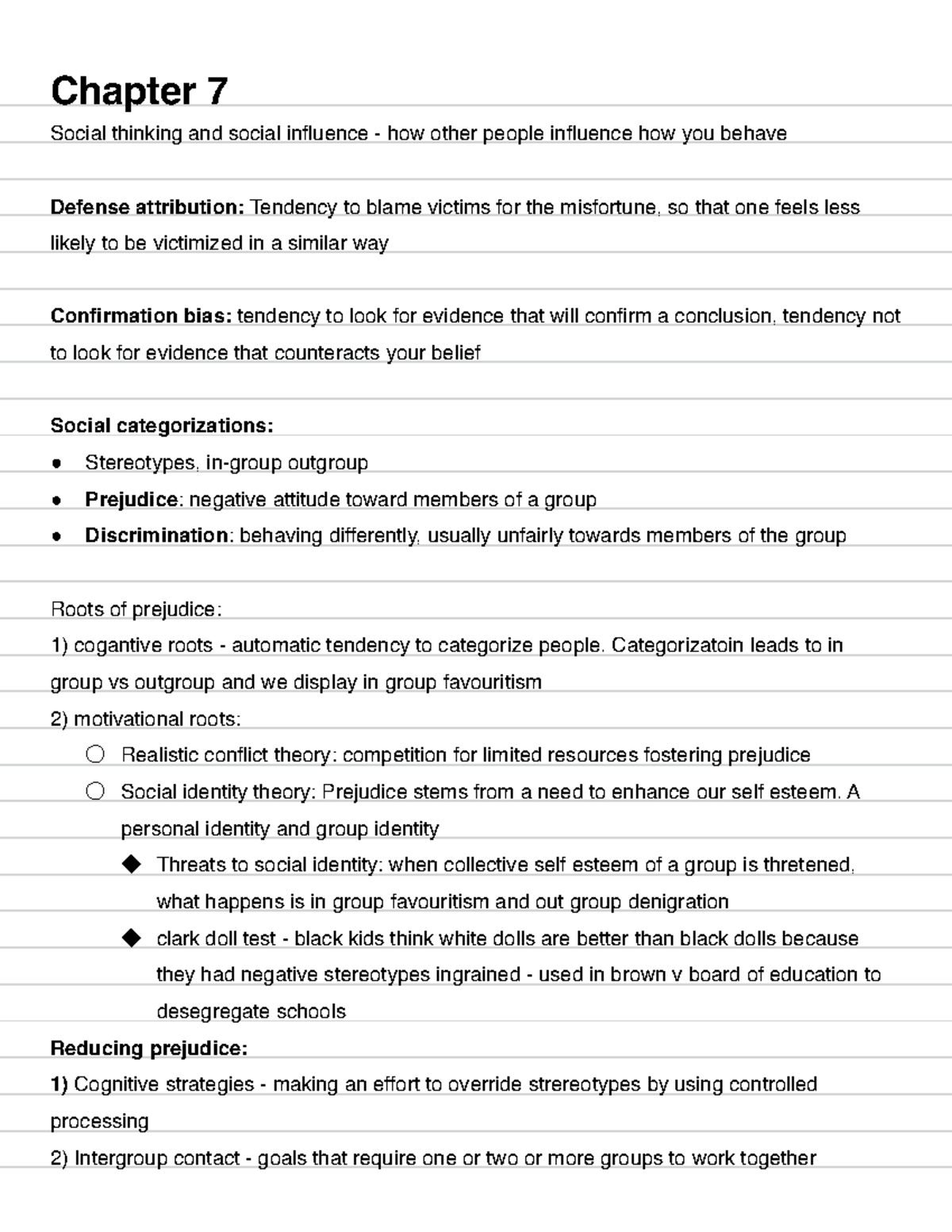 Lecture 4 - Chapter 7 - Notes - Chapter 7 Social thinking and social ...