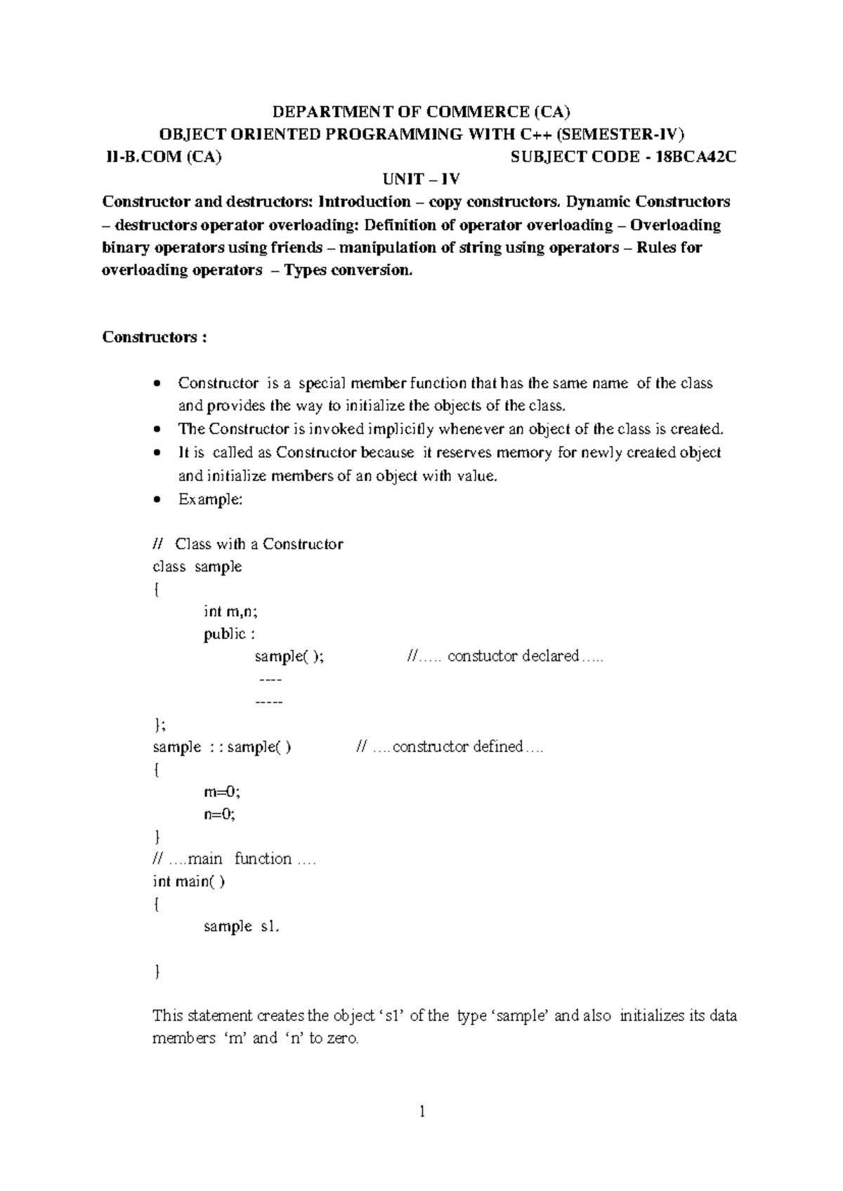 18BCA42C - Unit IV: Constructors, Destructors & Operator Overloading in ...
