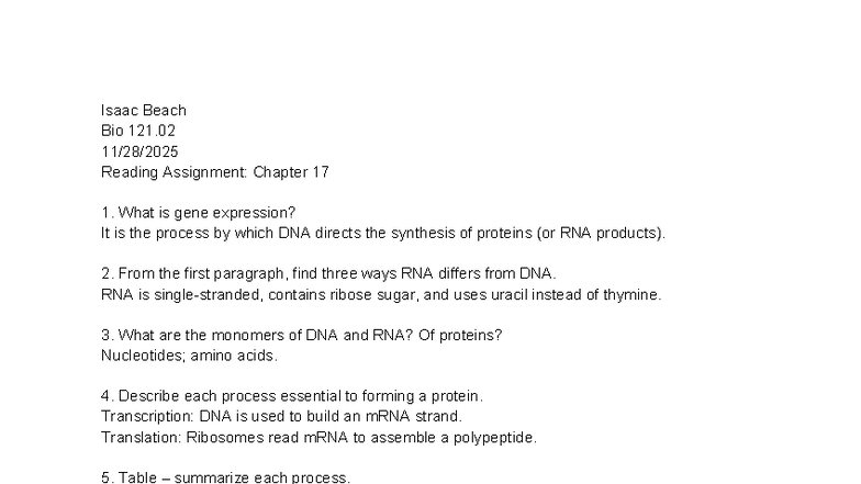 Bio 121.02 Reading Assignment: Gene Expression & Protein Synthesis ...