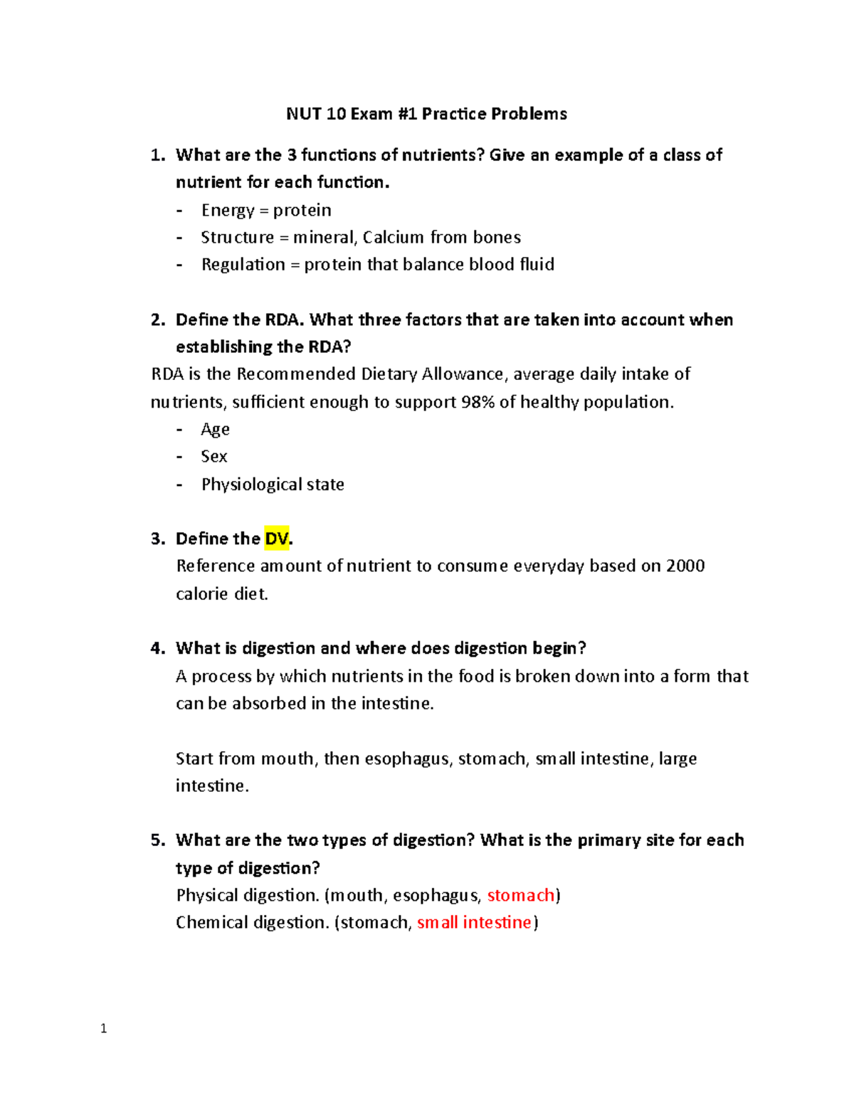 NUT10 Exam 1 Practice Problems: Key Concepts and Review - Studocu