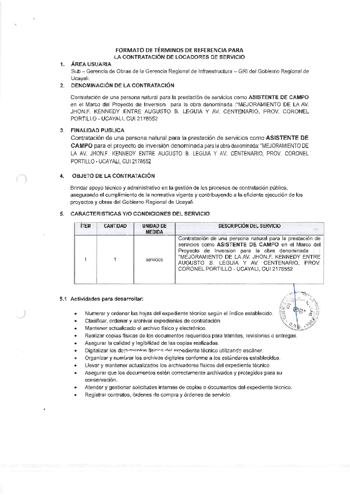 TDR para Contratación de Asistente de Campo - Proyecto Av. Jhon F ...