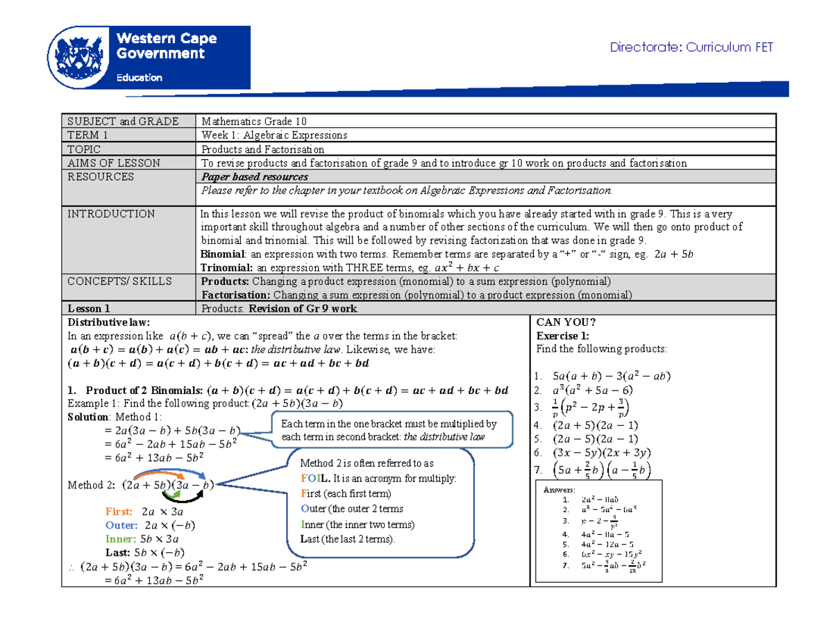 Mathematics Grade 10 Term 1 Week 1 Lesson on Algebraic Expressions ...