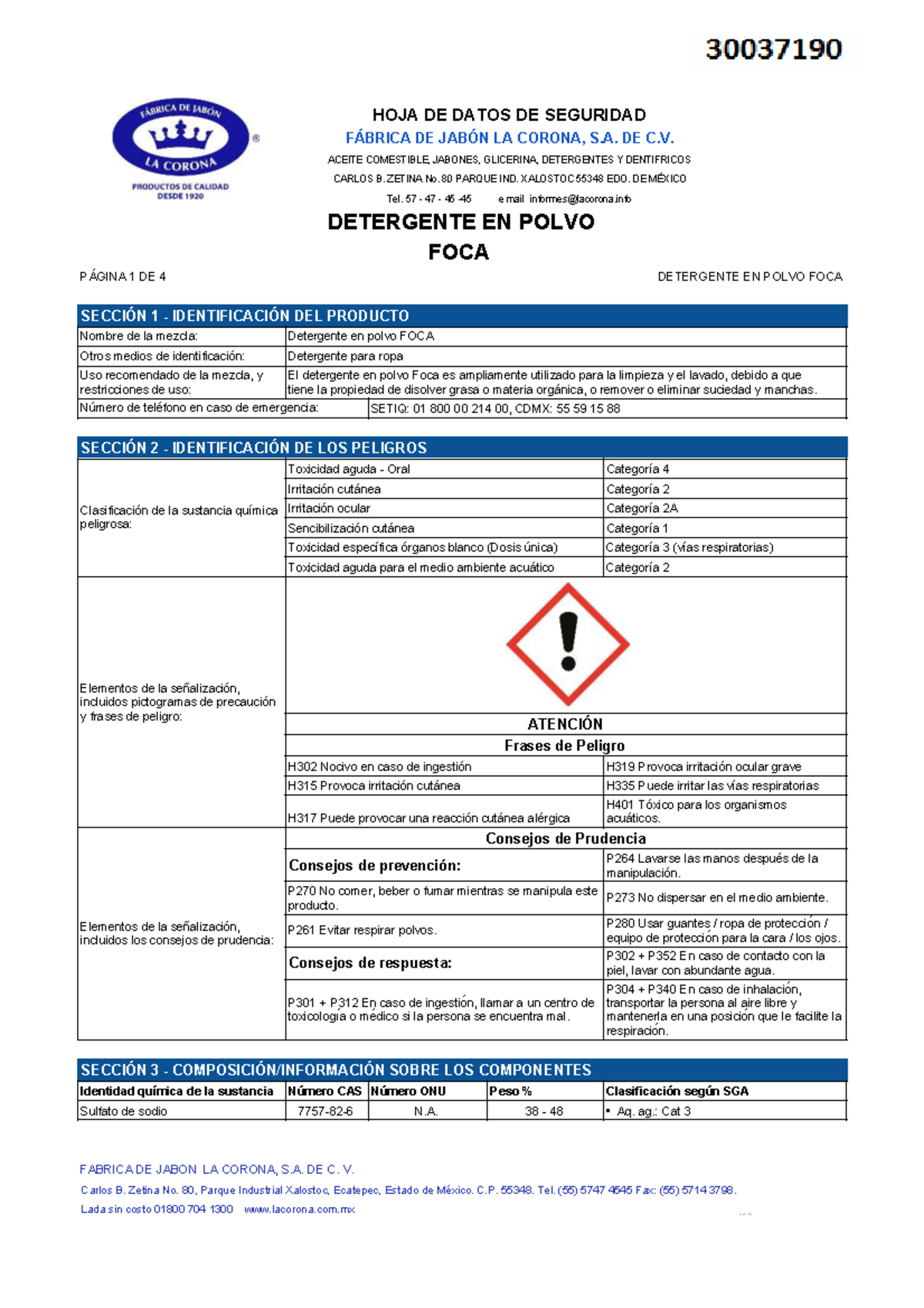 HDS - Detergente en Polvo FOCA - Fábrica de Jabón La Corona - Document Preview