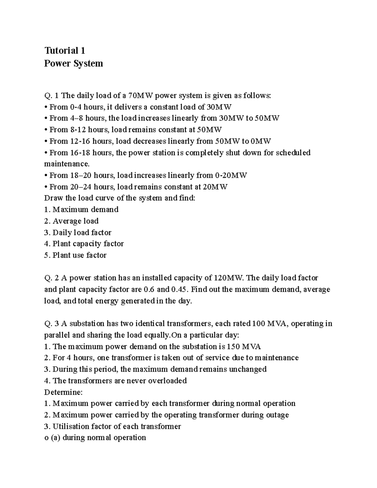 Tutorial 1: Power System Load Analysis and Calculations - Studocu