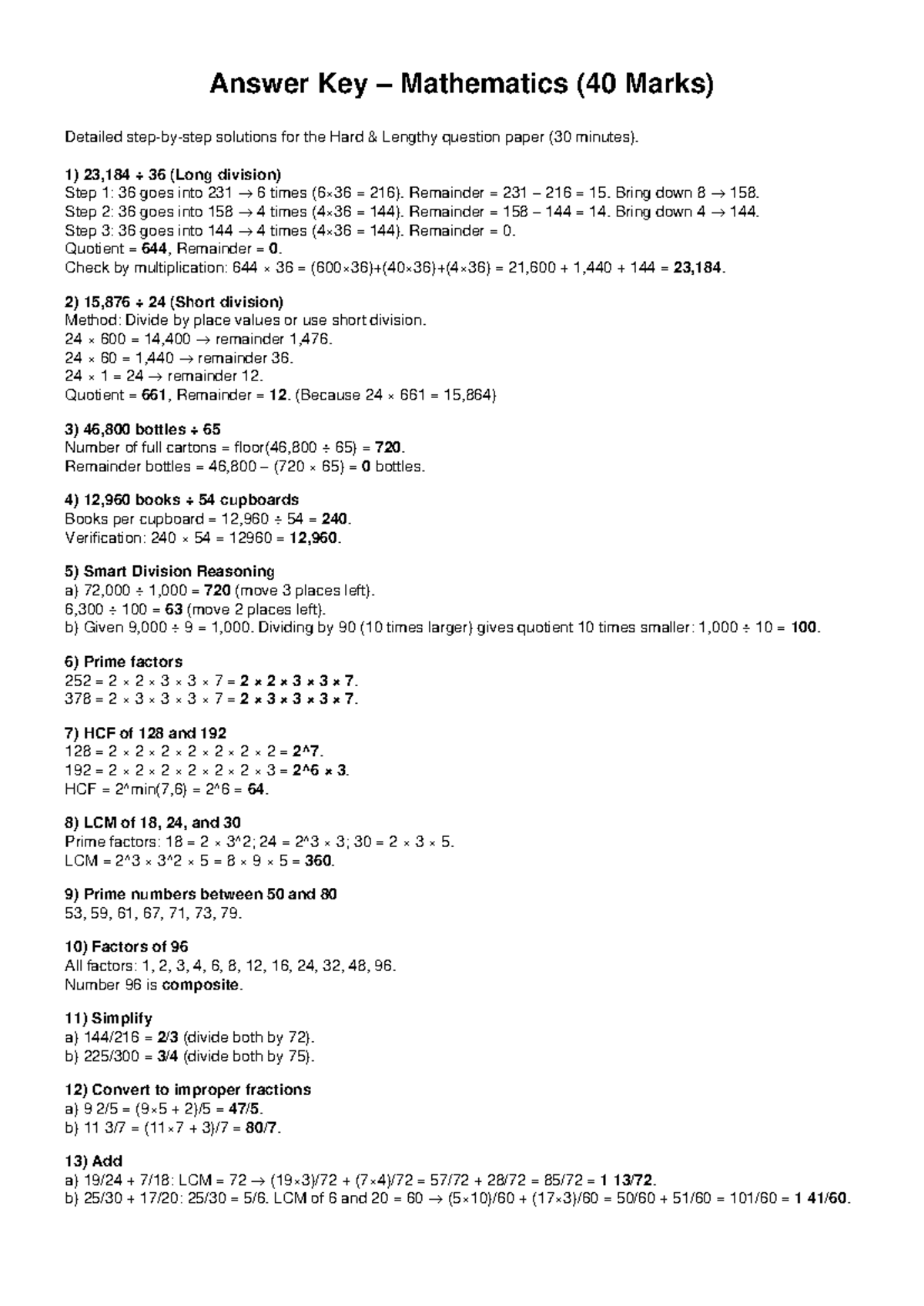 Mathematics (MATH101) Hard Lengthy Answer Key with Detailed Solutions ...