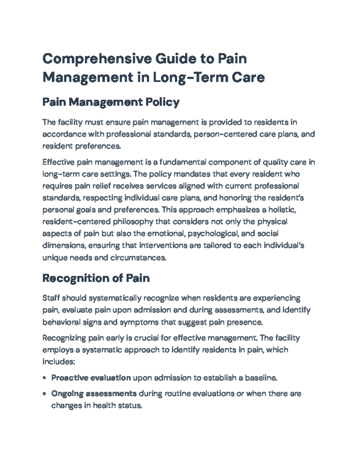 Comprehensive Pain Management Policy in Long-Term Care Settings - Studocu